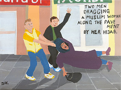 Bad Painting 42 by Jay Rechsteiner: Two teenagers dragging a Muslim woman along the pavement by her hijab.