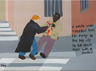 Bad Painting of a white man killing a black man with a sword by Jay Rechhsteiner 