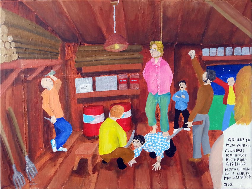 Bad Painting by Jay Rechsteiner, Group of men are on a lynch rampage, torturing & killing homosexuals & child molesters. 