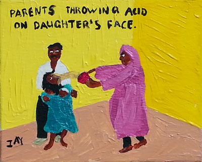 Bad Painting by Jay Rechsteiner, Parents throwing acid on daughter's face. 